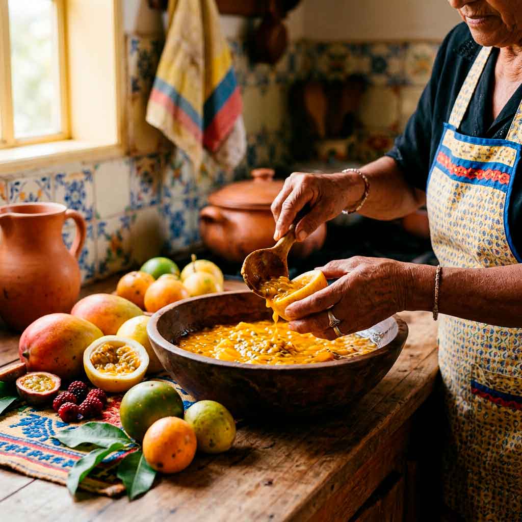 Abuela colombiana preparando pulpa de fruta artesanal