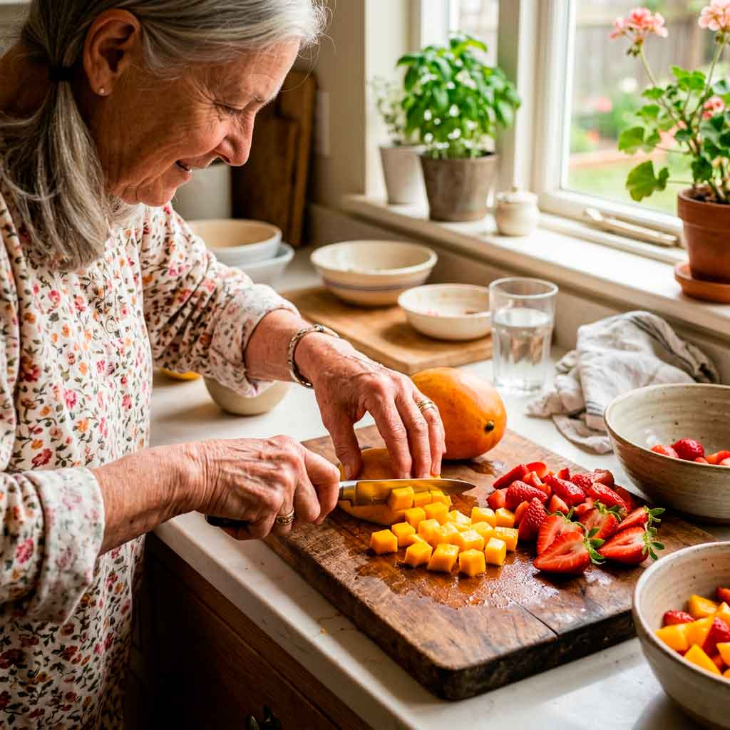 American grandmother preparing artisan fruit pulp