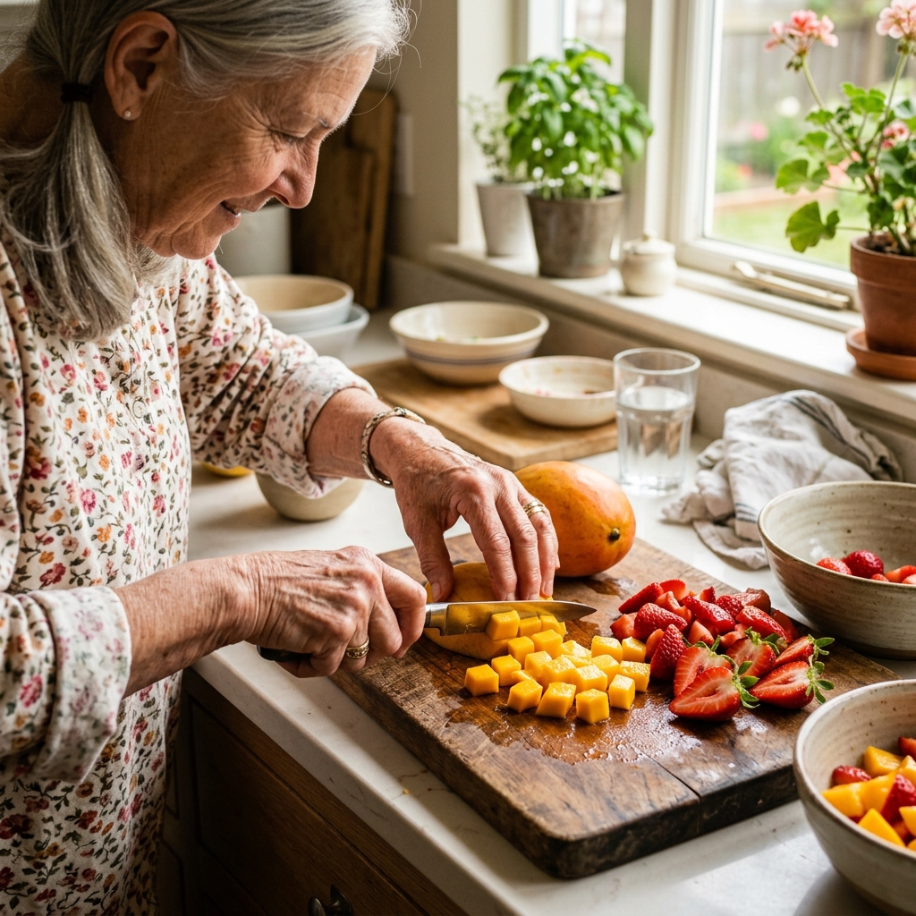 American grandmother preparing artisan fruit pulp