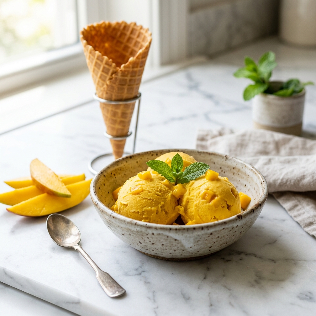 Helado casero de mango en bola con cono y mango fresco