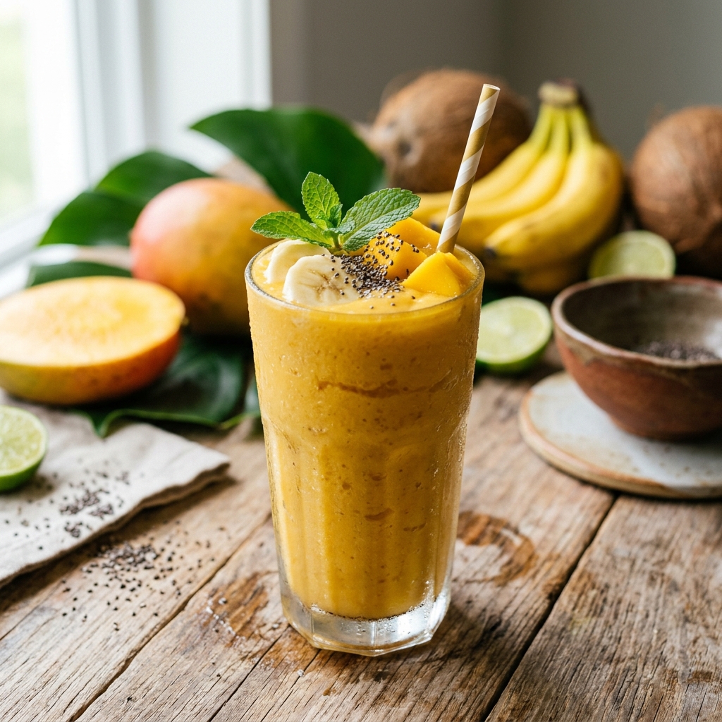 Smoothie tropical de mango con banana y semillas de chía